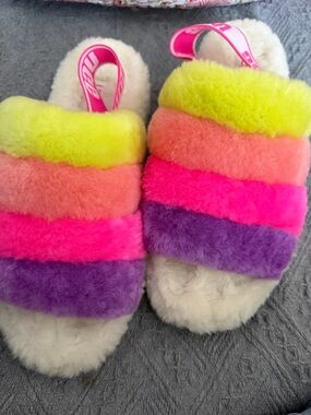 UGG Pink Neon Logo Shearling Slides
